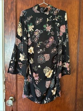 Zara Black Floral Long-Sleeve Dress with Pink and Yellow Blooms